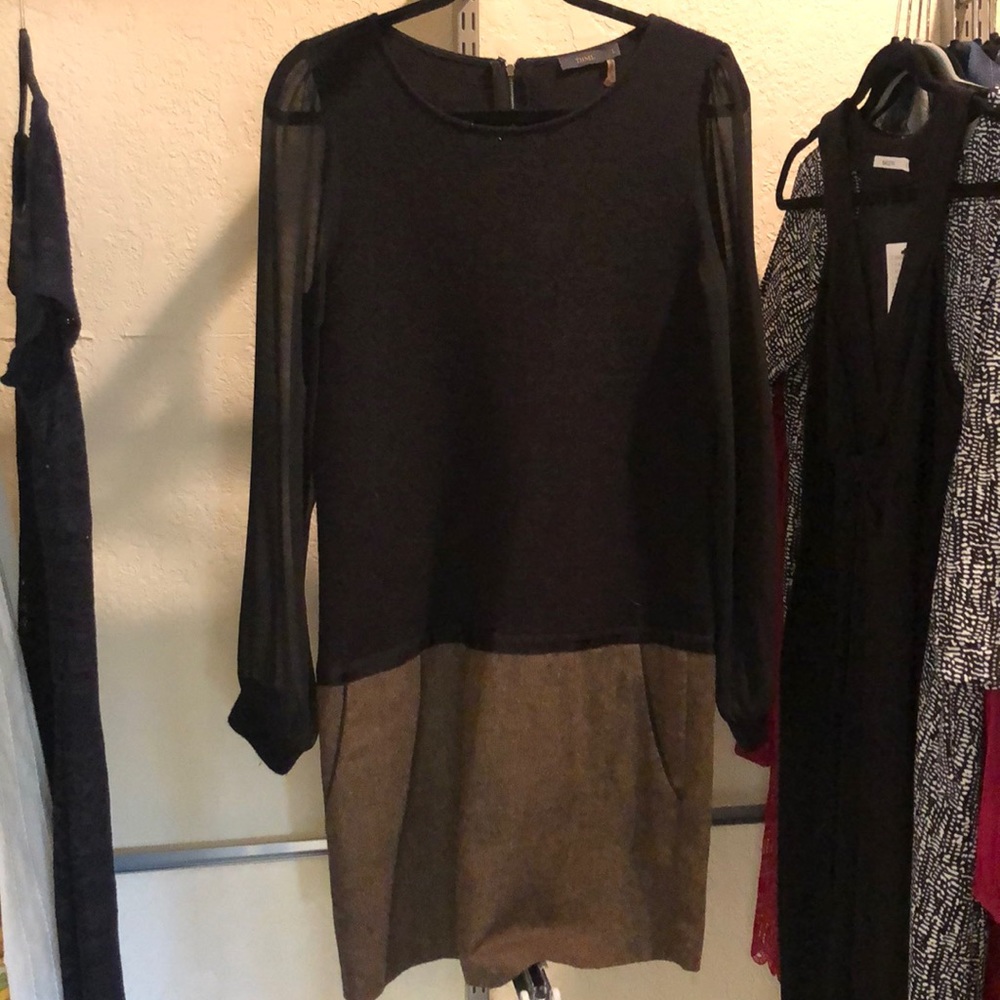 Knit and tweed dress with sheer sleeves